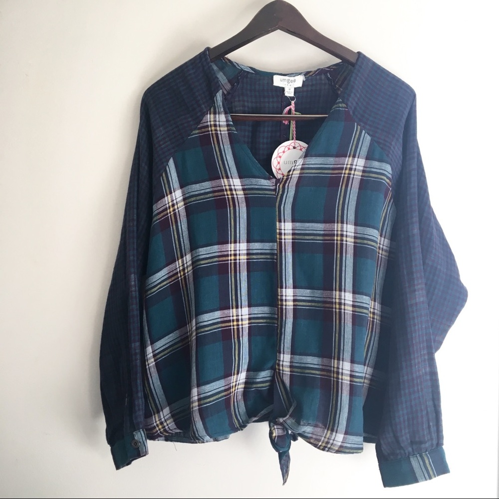 Umgee Mixed Plaid Front Tie Boho Woven Blouse